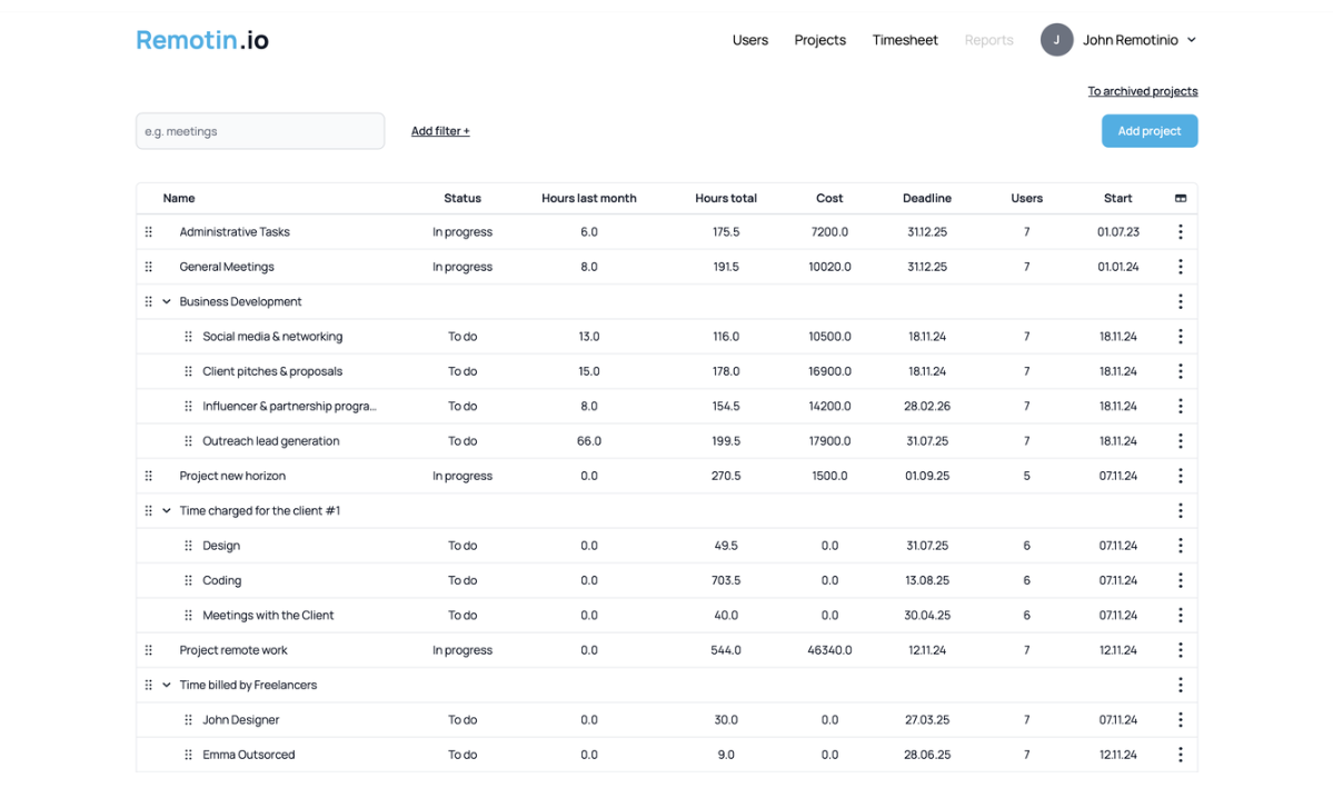 Remotinio projects view with many first level and second level projects